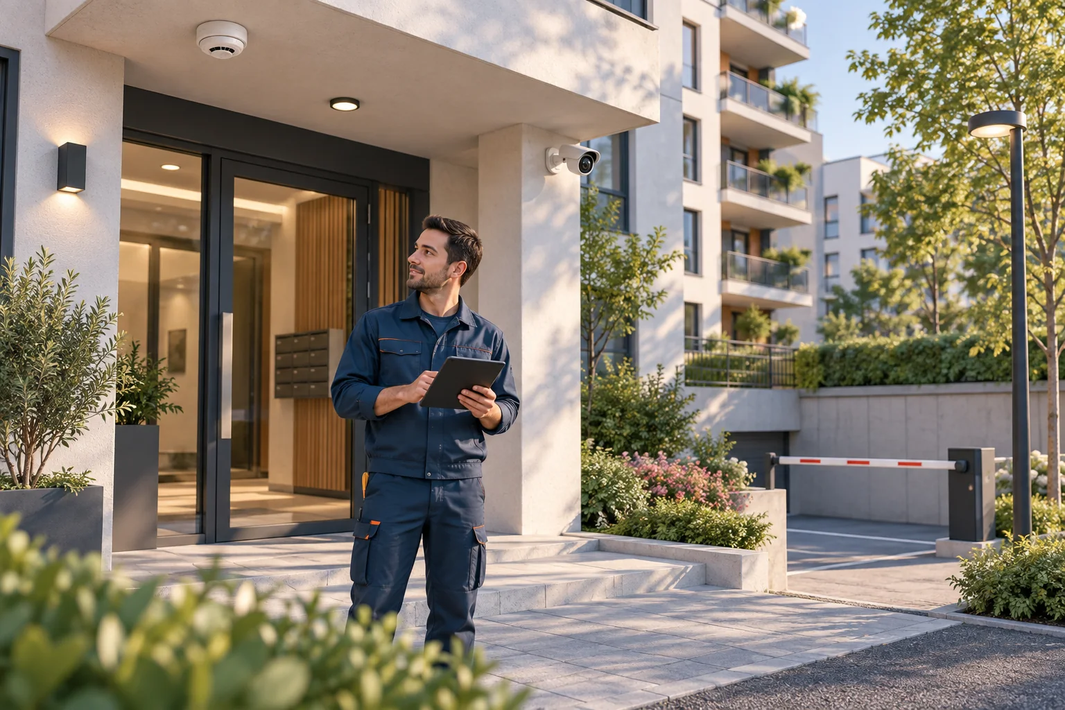 Technician inspecting equipment at a residential building
